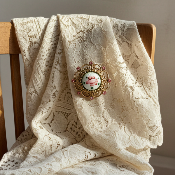 Dainty Pink Painted Rose on White Background Vintage Pin