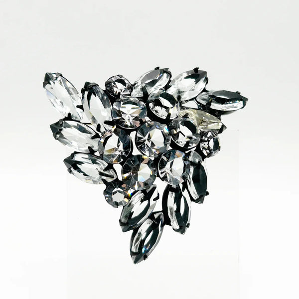 Vintage 3-D Triangular Clear Stones Brooch in Japanned Metal