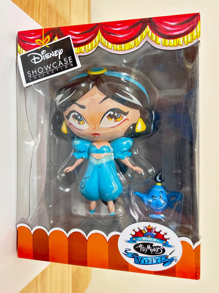 Disney Showcase The World of Miss Mindy Princess Jasmine vinyl figurine set inside its original box packaging with the mini Genie lamp companion accessory