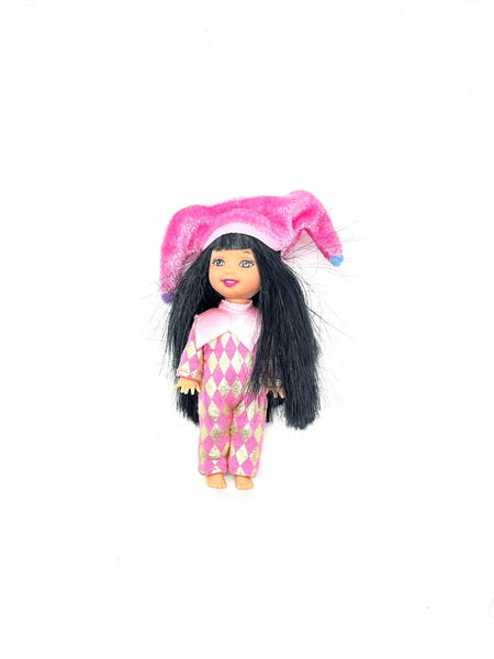Jester Jenny doll wearing a pink and white checkered outfit with a matching hat on a white background