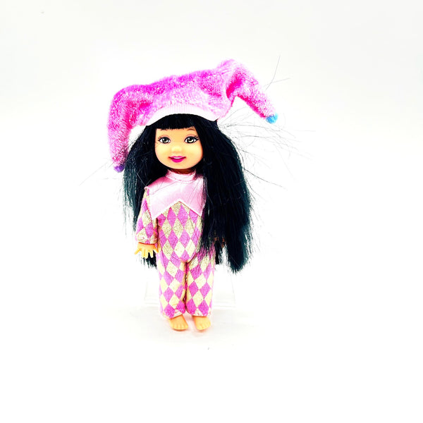 Jester Jenny doll wearing a pink and white checkered outfit with a matching hat on a white background