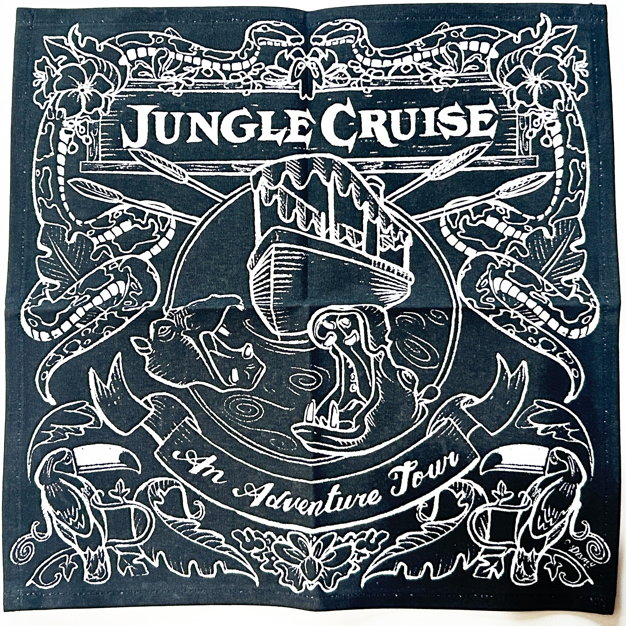 One of the Disney Chalkboard Collection items, these cotton napkins feature a "Jungle Cruise" chalkboard-style design. Part of the "Chalkboard" Home Collection, they feature illustrations inspired by classic Disney Parks attractions.