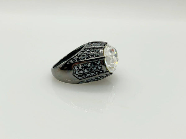 Kenneth Lane Signed Statement Black Metal and Huge Oval Stone Cocktail Ring - Lamoree’s Vintage