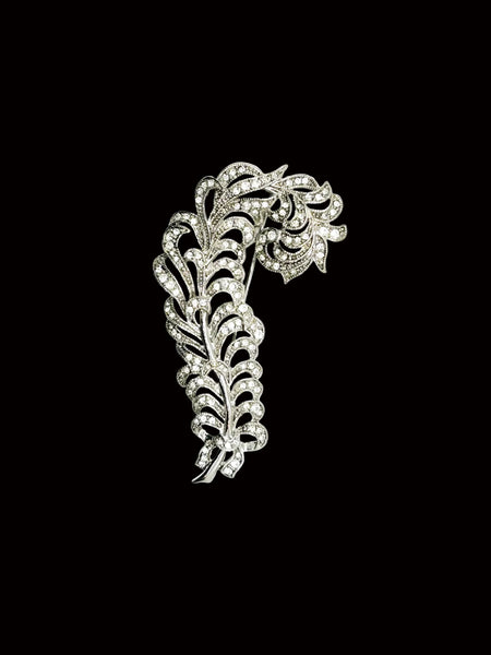 KJL Vintage Pave Set Rhinestone Feather Brooch