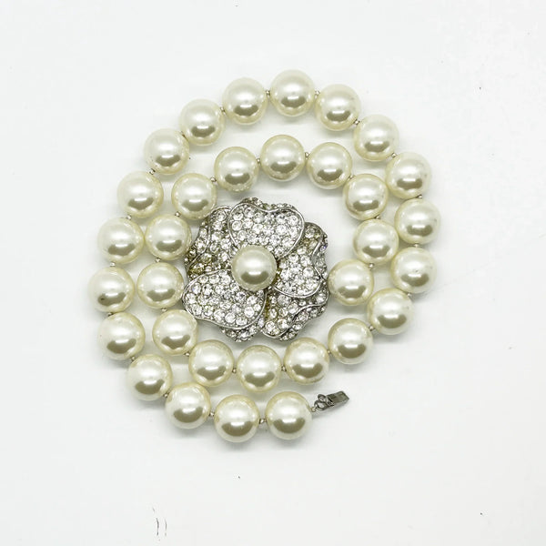 Kenneth Jay Lane Art Deco Style Faux Pearl Necklace with Sparkling Flower Clasp