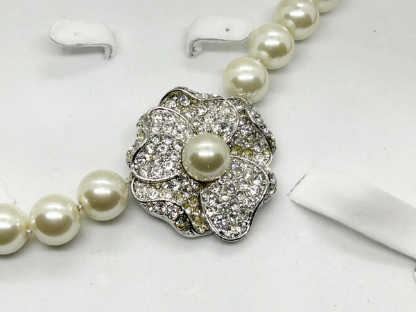 Kenneth Jay Lane Art Deco Style Faux Pearl Necklace with Sparkling Flower Clasp