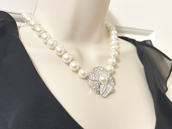 Kenneth Jay Lane Art Deco Style Faux Pearl Necklace with Sparkling Flower Clasp