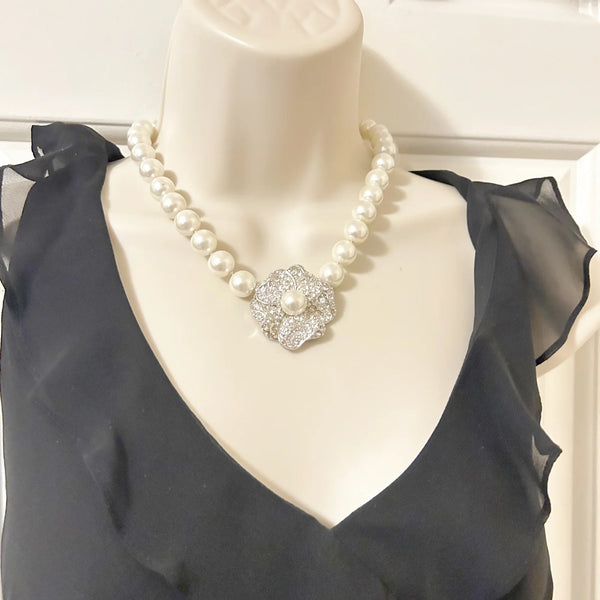 Kenneth Jay Lane Art Deco Style Faux Pearl Necklace with Sparkling Flower Clasp