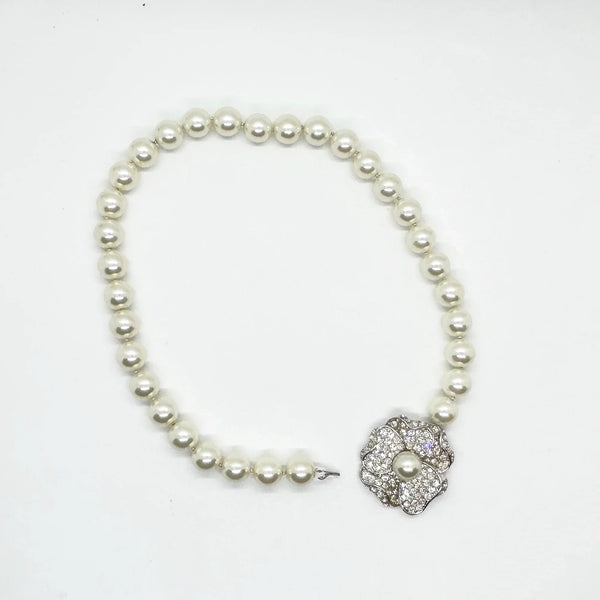 Kenneth Jay Lane Art Deco Style Faux Pearl Necklace with Sparkling Flower Clasp