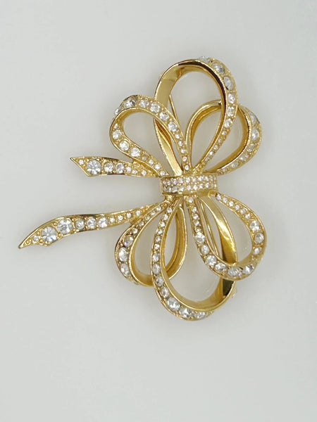 Vintage Flowing Rhinestone Ribbon Bow Brooch by Kenneth Jay Lane for Avon