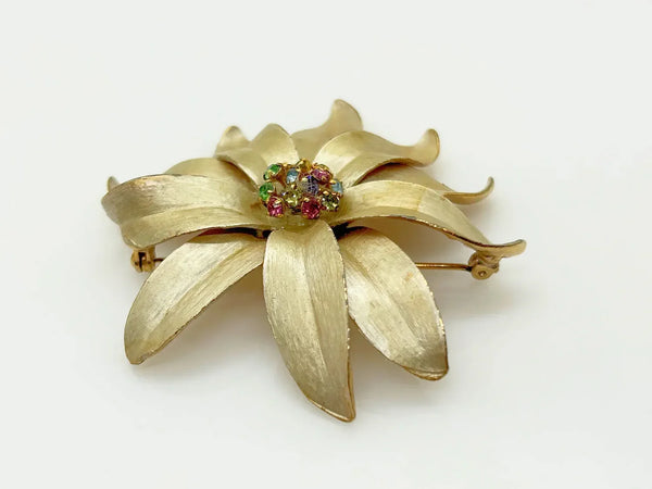 Vintage Flower Trembler Brooch with Pastel Rhinestone Center