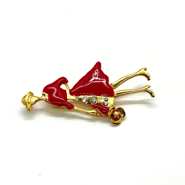 Vintage red dress lady brooch with gold accents and rhinestone details, classic costume jewelry