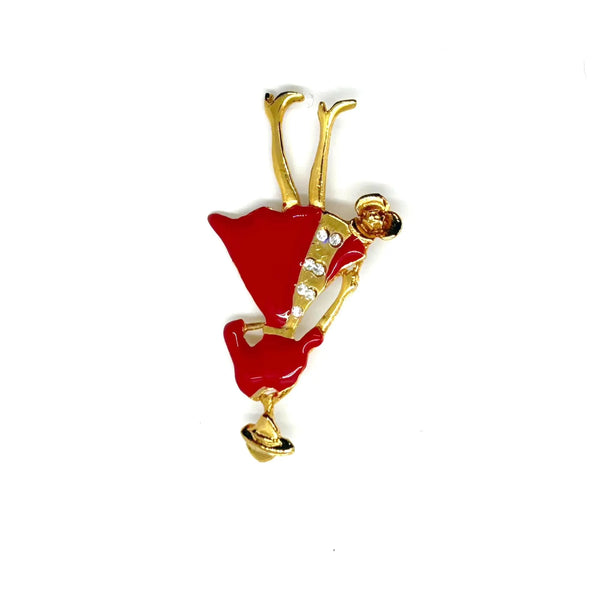 Vintage red dress lady brooch with gold accents and rhinestone details, classic costume jewelry