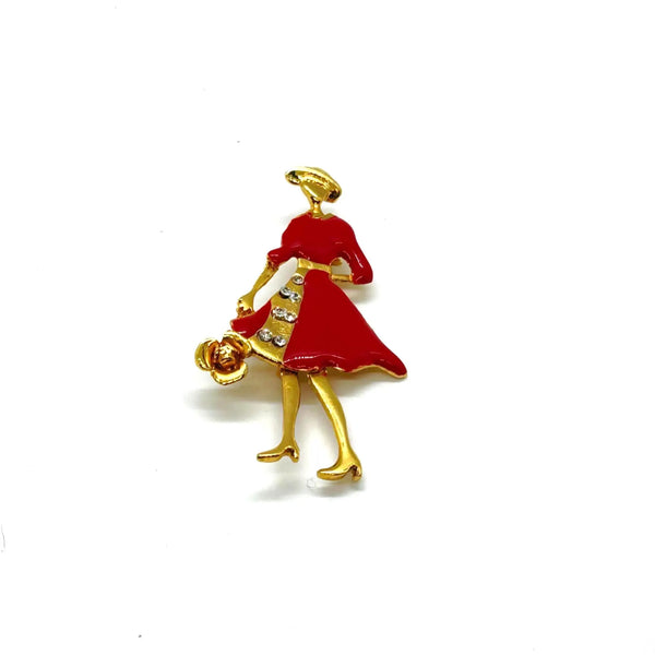Vintage red dress lady brooch with gold accents and rhinestone details, classic costume jewelry