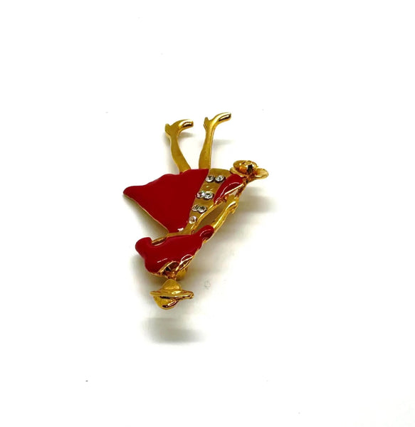 Vintage red dress lady brooch with gold accents and rhinestone details, classic costume jewelry
