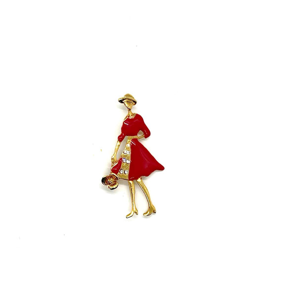 Vintage red dress lady brooch with gold accents and rhinestone details, classic costume jewelry