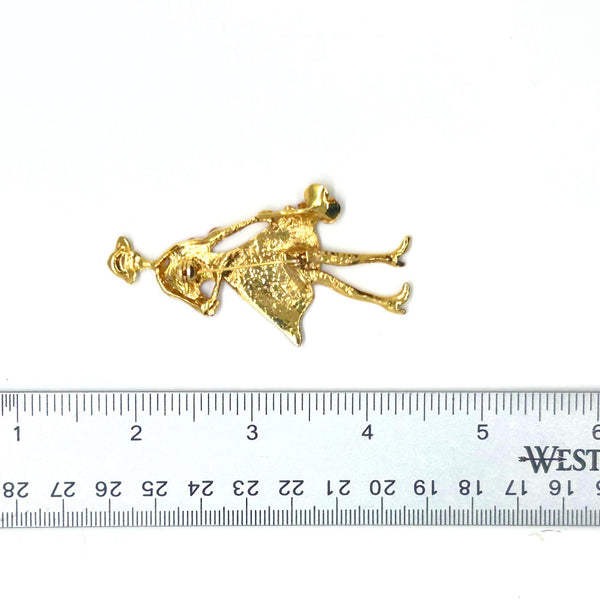 Vintage red dress lady brooch with gold accents and rhinestone details, classic costume jewelry