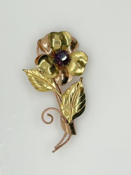 Vintage Large Flower Brooch with Purple Stone