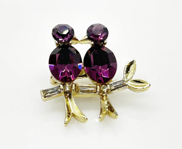 Vintage Lisner Brooch with Cooing Purple Birds