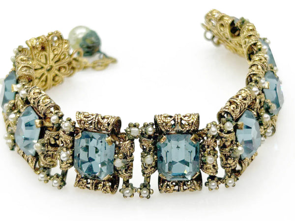Luxurious Vintage Blue Rhinestone Bracelet with Amazing Metalwork