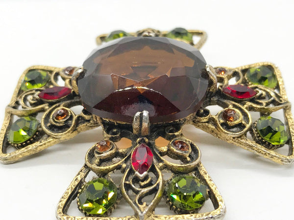 Magnificent Smoked Brown, Olivine Green and Red Capri Cross Brooch - Lamoree’s Vintage