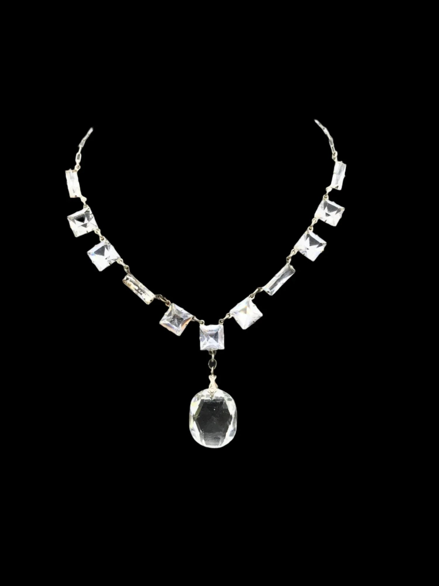 This is a magnificent sterling and crystal drop necklace from the Art Deco Era.