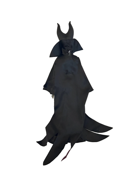 Disney Store Maleficent 12-inch classic fashion doll wearing her iconic black and burgundy robe with curved horns headpiece, isolated on a solid white background.