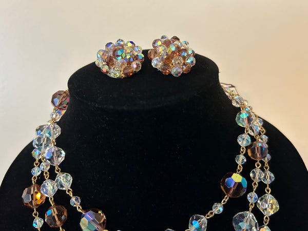 Vintage Marvella Three Strand Crystal Necklace and Earrings with Tags