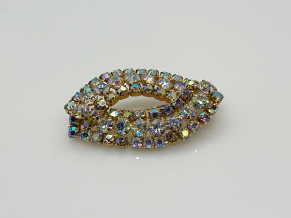 Golden Rhinestones Marquise Shaped Vintage Brooch