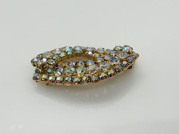 Golden Rhinestones Marquise Shaped Vintage Brooch