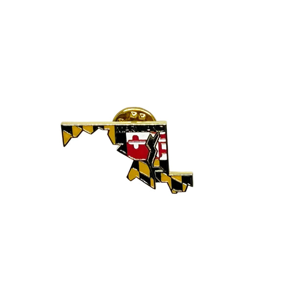 The lapel or tie tack pin shows the well known Maryland state map. This gold tone enamel pin is designed in the shape of Maryland, incorporating the unique state flag design. The pin combines the state outline with the colors and pattern of the official flag. "MARYLAND" is printed on the upper right