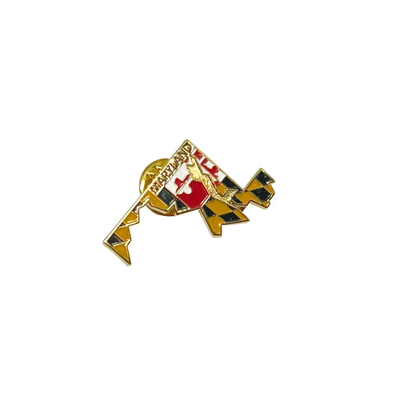 The lapel or tie tack pin shows the well known Maryland state map. This gold tone enamel pin is designed in the shape of Maryland, incorporating the unique state flag design. The pin combines the state outline with the colors and pattern of the official flag. "MARYLAND" is printed on the upper right