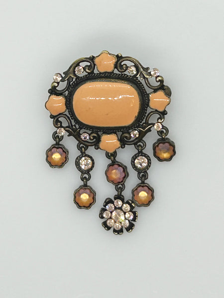 Melon Colored Enamel and Rhinestone Drop Brooch