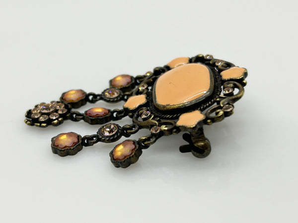 Melon Colored Enamel and Rhinestone Drop Brooch