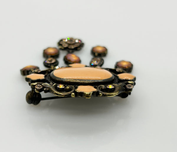 Melon Colored Enamel and Rhinestone Drop Brooch