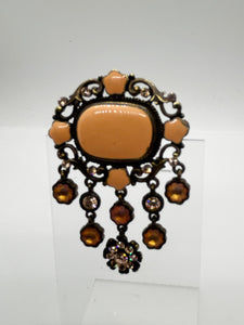 Melon Colored Enamel and Rhinestone Drop Brooch