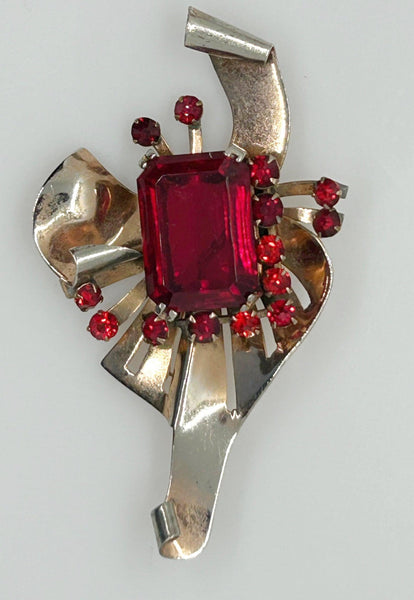 Mid Century Sterling Brooch with Vivid Red Stones - Lamoree’s Vintage