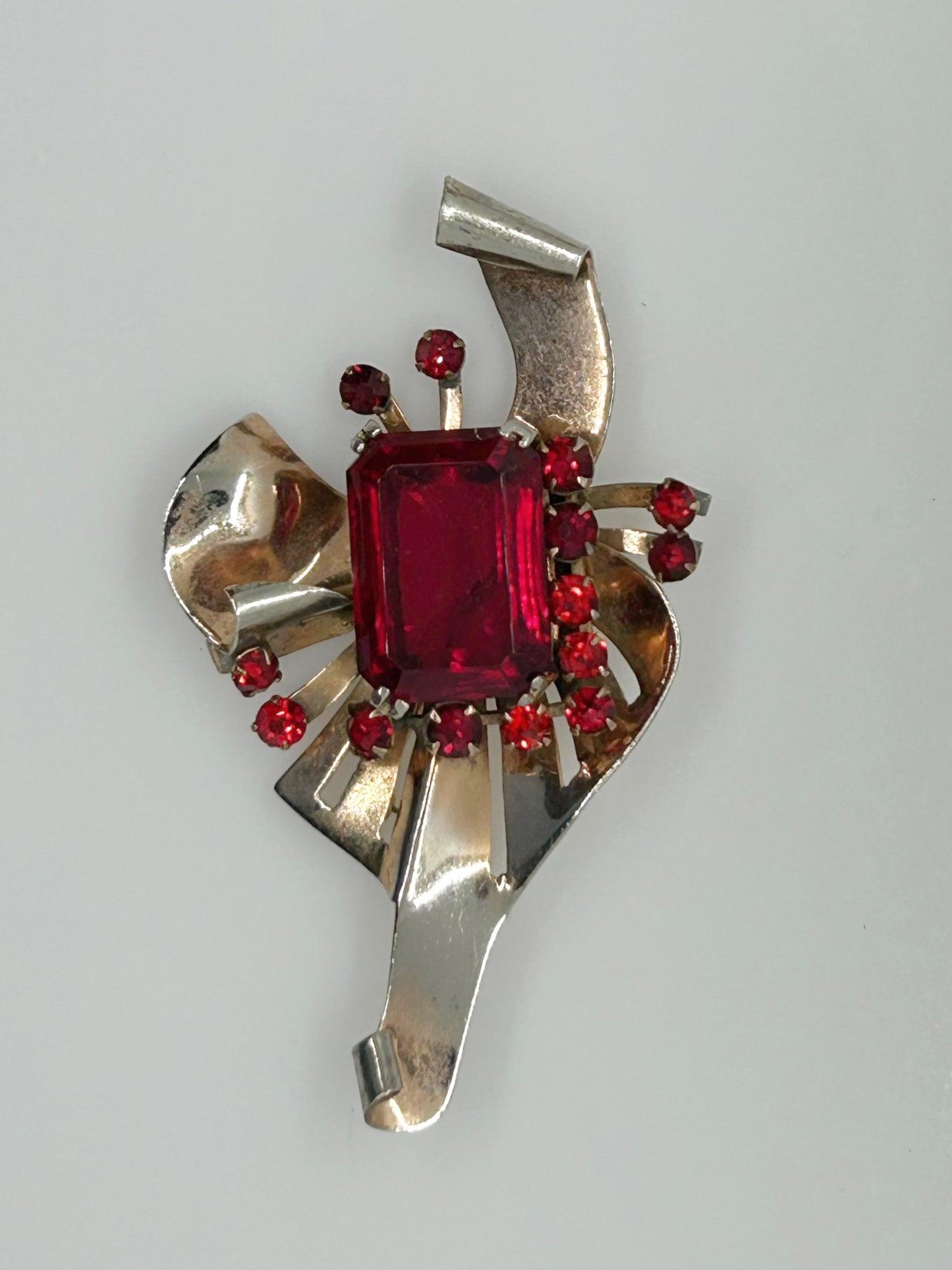 Mid Century Sterling Brooch with Vivid Red Stones - Lamoree’s Vintage