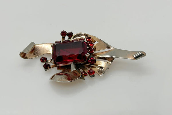 Mid Century Sterling Brooch with Vivid Red Stones - Lamoree’s Vintage