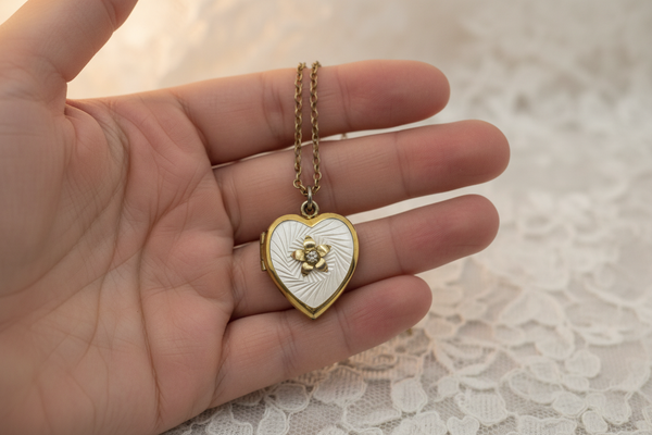 Mother of Pearl Heart Locket Necklace - Timeless vintage locket with a mother-of-pearl face and enamel flower detail. Heart-shaped and perfect for keepsakes. Shop now!