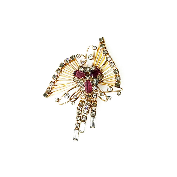 Introducing the M&amp;S 1/20 12kt G.F. Abstract Butterfly Brooch/Pendant — the perfect vintage solution to your style dilemmas. This exquisite butterfly brooch pendant highlights delicate abstract artistry paired with shimmering grey and purple/pink rhinestones
