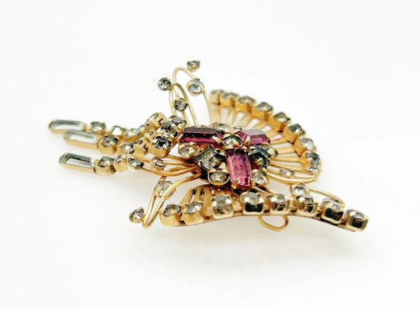 Introducing the M&amp;S 1/20 12kt G.F. Abstract Butterfly Brooch/Pendant — the perfect vintage solution to your style dilemmas. This exquisite butterfly brooch pendant highlights delicate abstract artistry paired with shimmering grey and purple/pink rhinestones