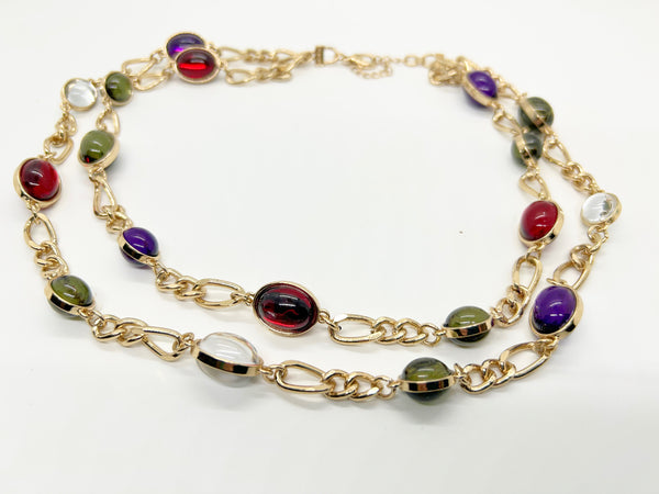 Vintage double strand station necklace with multicolor jewel-tone cabochons on a gold-tone chain link