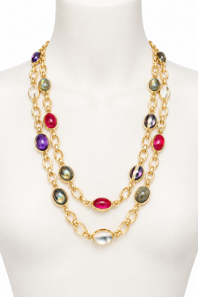 Vintage 1980s Jewel Tone Glass Cabochon Layered Double Strand Station Necklace