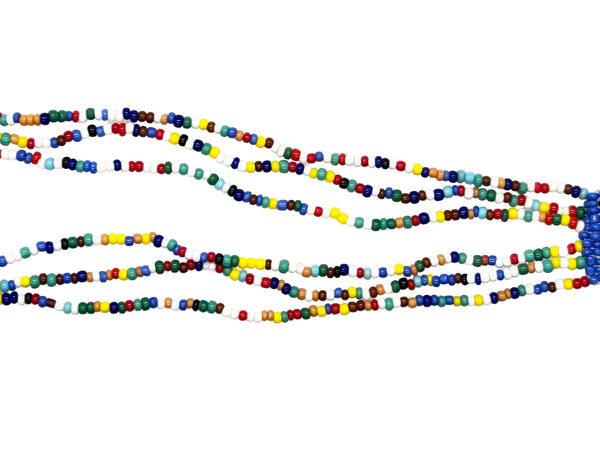 This is a striking example of vintage Native American-style hand-beaded necklace, featuring a loom-woven pendant of a female figure. These necklaces are handcrafted using colorful glass seed beads and often include traditional design elements such as looped fringe detail. These pieces are generally created using a flat, loom-woven technique