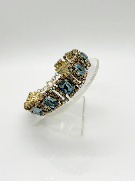 Luxurious Vintage Blue Rhinestone Bracelet with Amazing Metalwork