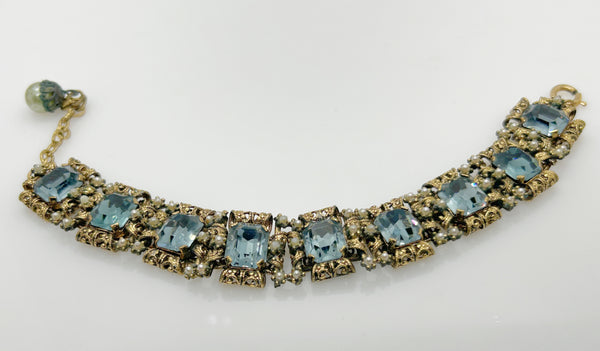 Luxurious Vintage Blue Rhinestone Bracelet with Amazing Metalwork