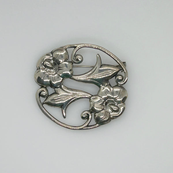 Vintage Sterling Silver Art Nouveau Floral Brooch