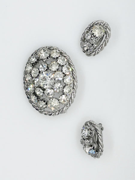 Domed Oval Rhinestone Vintage Brooch and Earrings Set