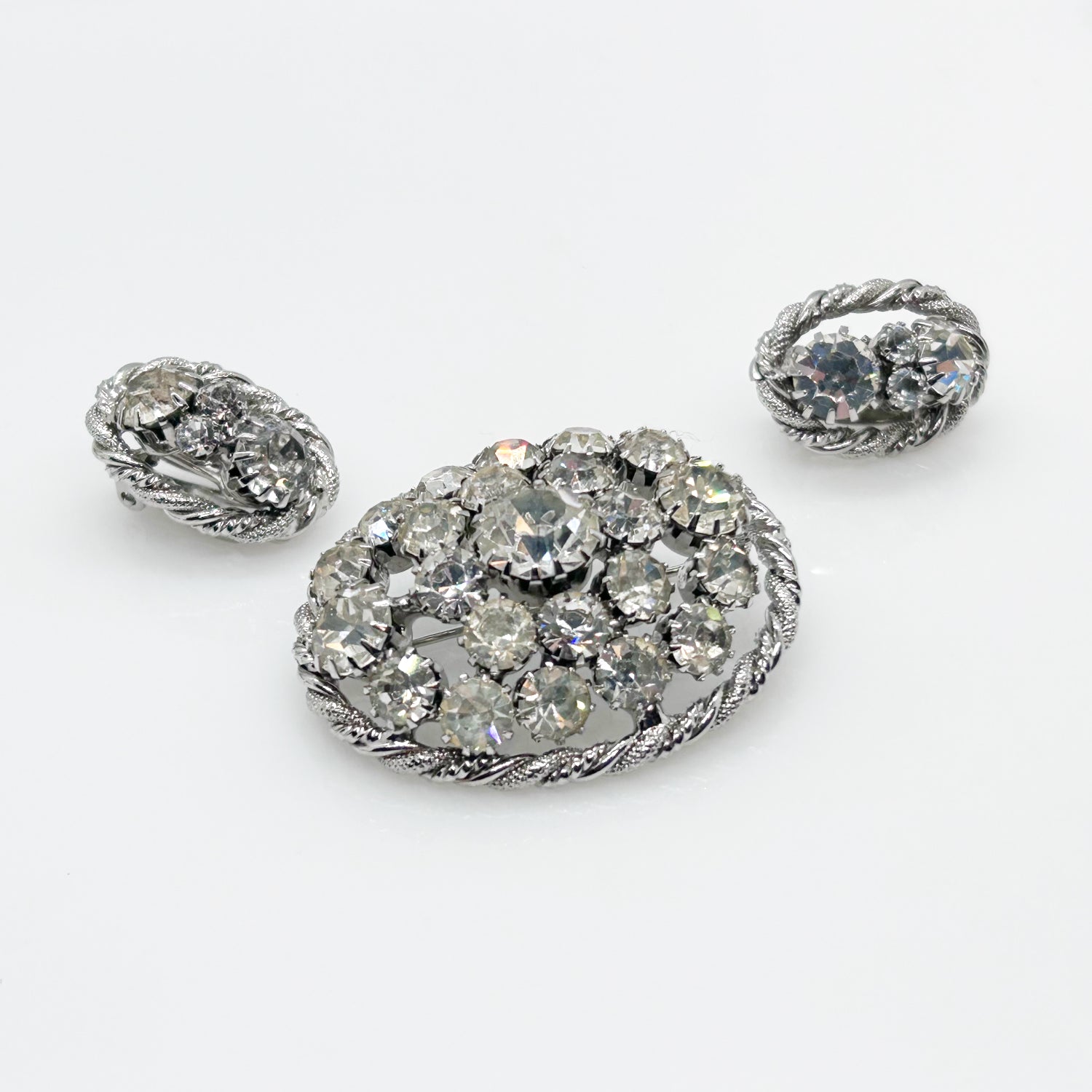 Domed Oval Rhinestone Vintage Brooch and Earrings Set